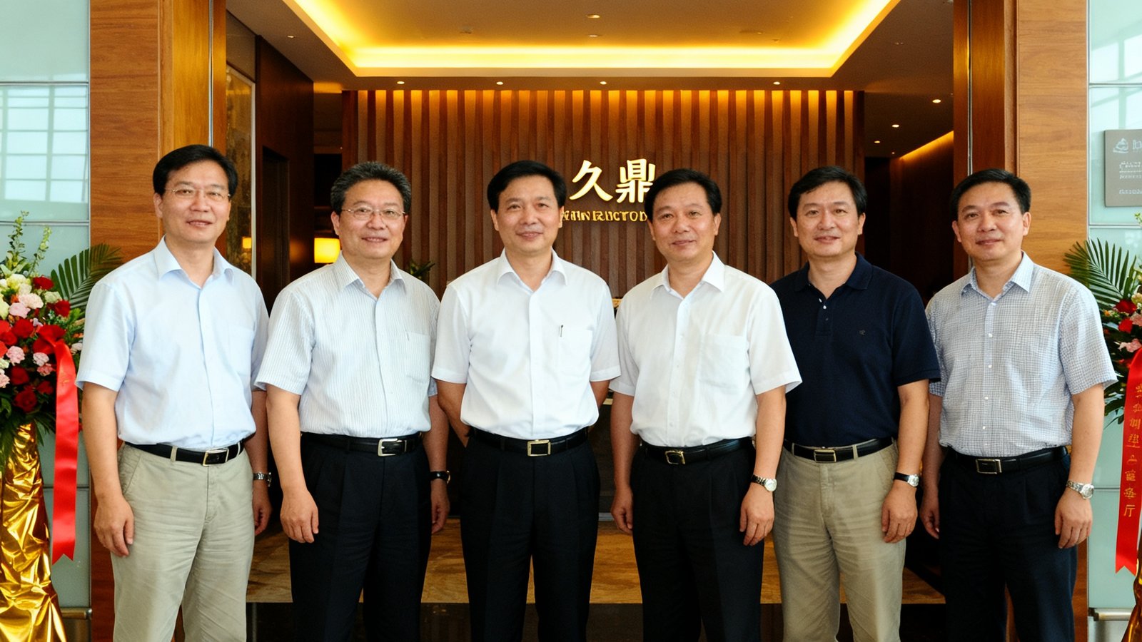 2010年5月，玖鼎创始团队在深圳宝安国际机场第一家自营贵宾厅开业当天的合影，背景是简约而精致的贵宾厅入口，木质装饰与暖色灯光交相辉映