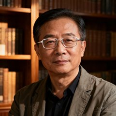 一位五十岁左右的中国企业家半身照，穿着休闲商务装，银框眼镜，气质沉稳，背景为书架
